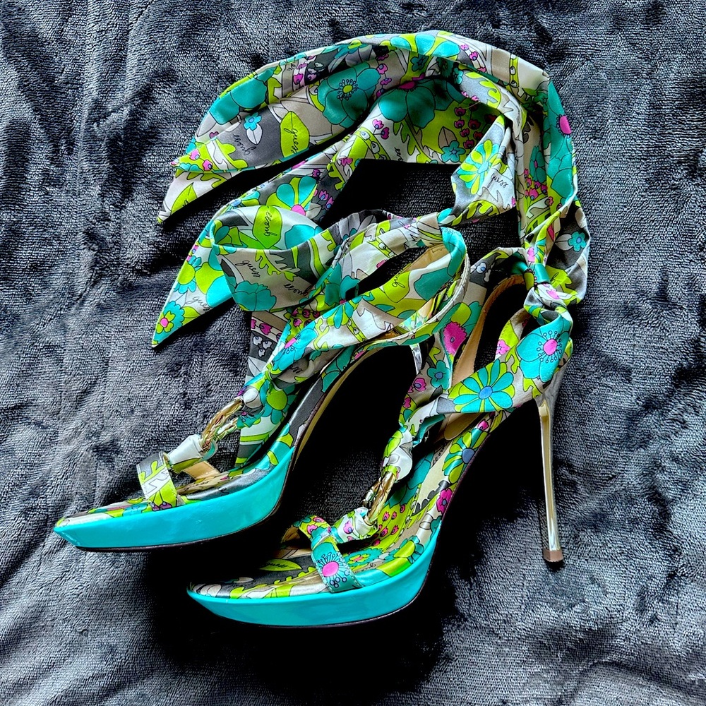 Guess by Marciano floral silk strap heels